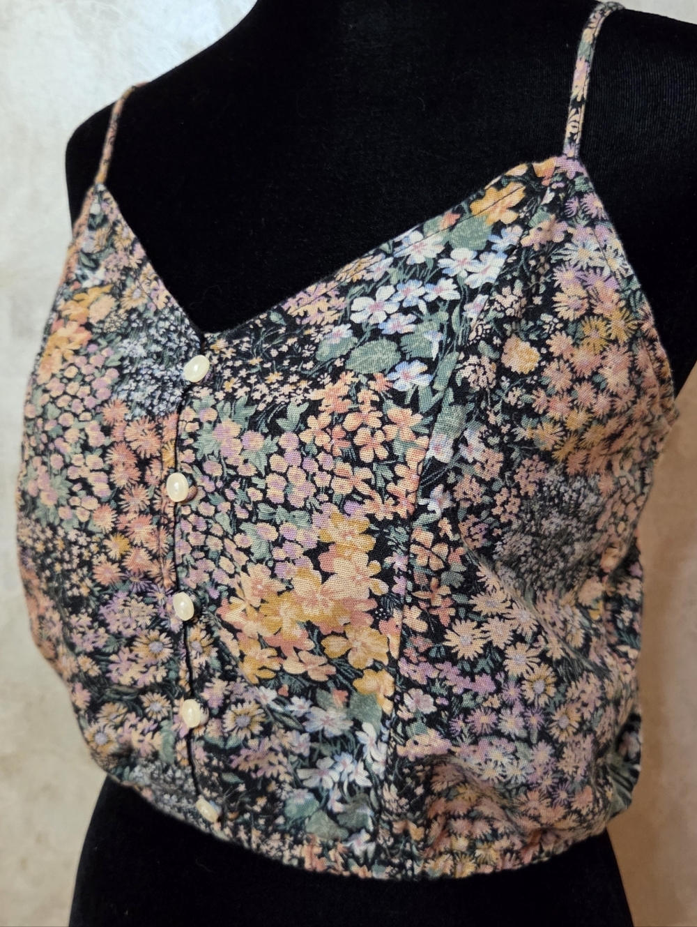American Eagle Floral Crop Tank XS Cotton Linen Button Front Cami Cottagecore